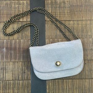 Anthropologie silver gray calf hair suede chain link crossbody purse